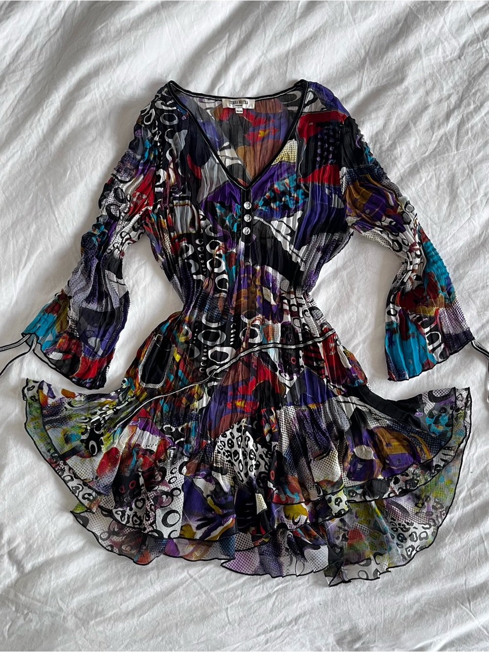 Terra Nostra multicoloured funky pattern pleated sheer dress